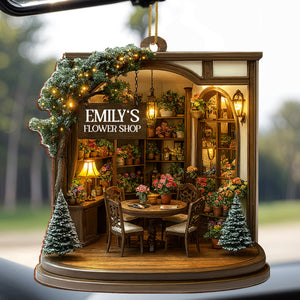 Cozy Christmas Flower Shop Scene, Personalized Custom Wood Ornament, Gift for Family and Flower Lovers