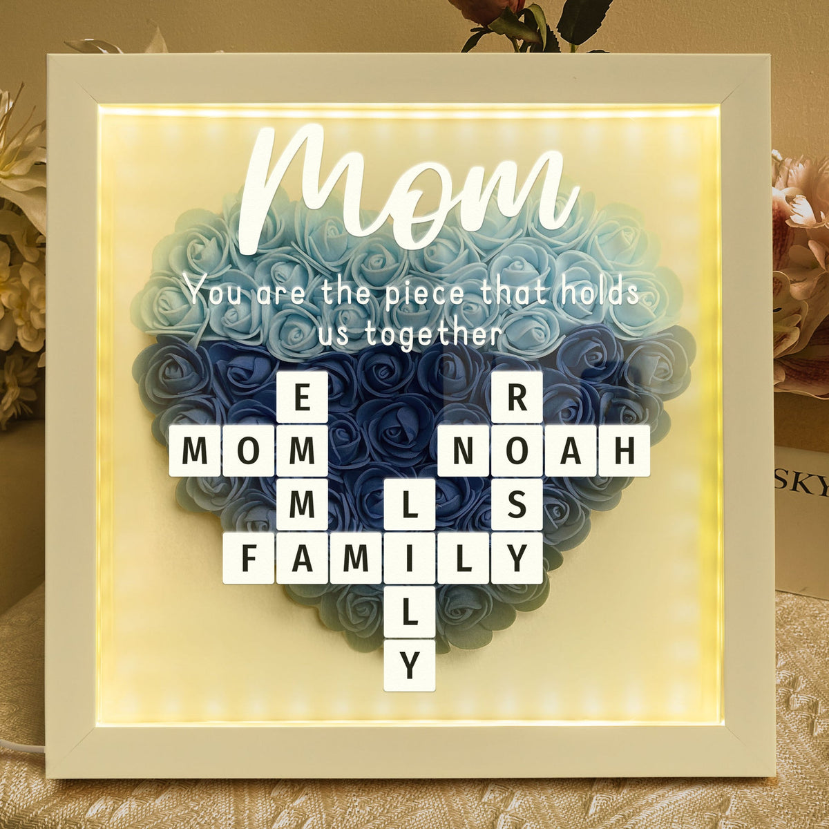 You Are The Piece That Holds Us Together - Personalized Flower Shadow Box With LED Light Mother's Day Birthday Gifts for Mom Wife from Daughter, Son, Husband and Keepsake