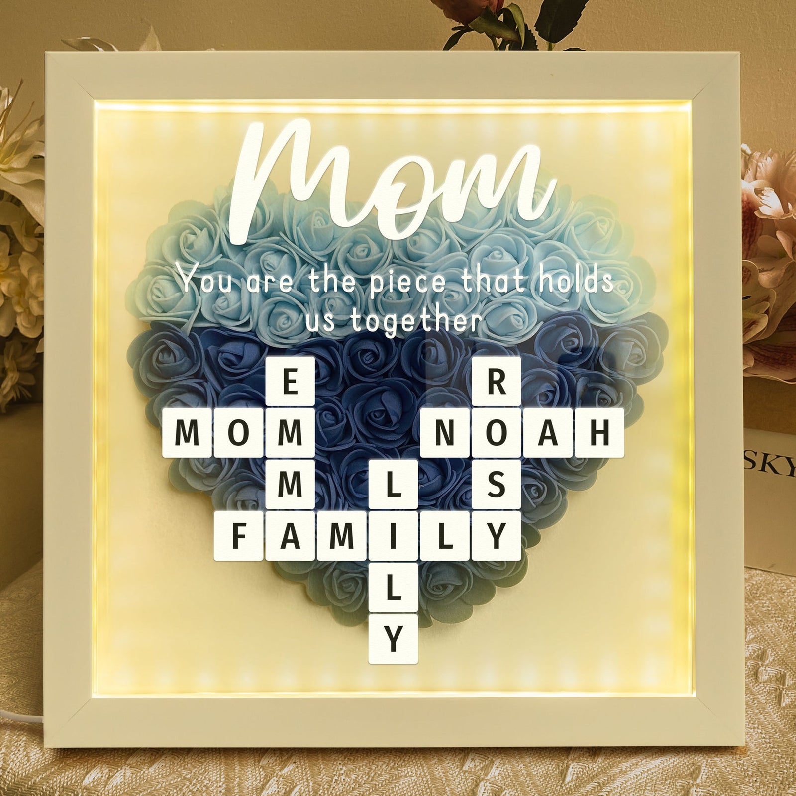 You Are The Piece That Holds Us Together - Personalized Flower Shadow Box With LED Light Mother's Day Birthday Gifts for Mom Wife from Daughter, Son, Husband and Keepsake