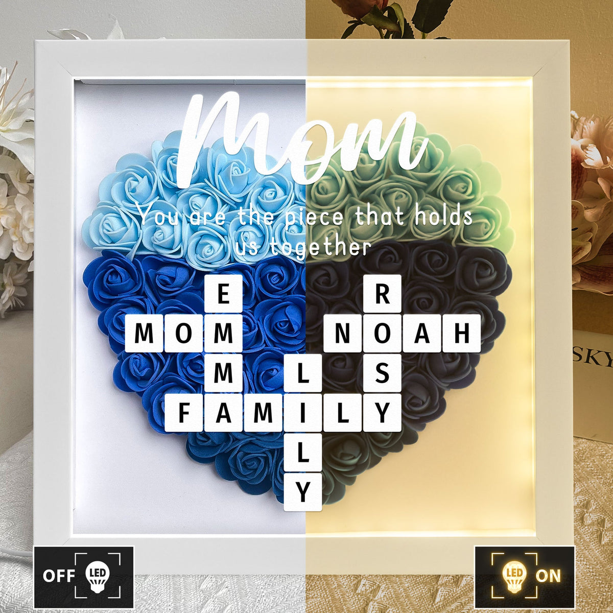 You Are The Piece That Holds Us Together - Personalized Flower Shadow Box With LED Light Mother's Day Birthday Gifts for Mom Wife from Daughter, Son, Husband and Keepsake