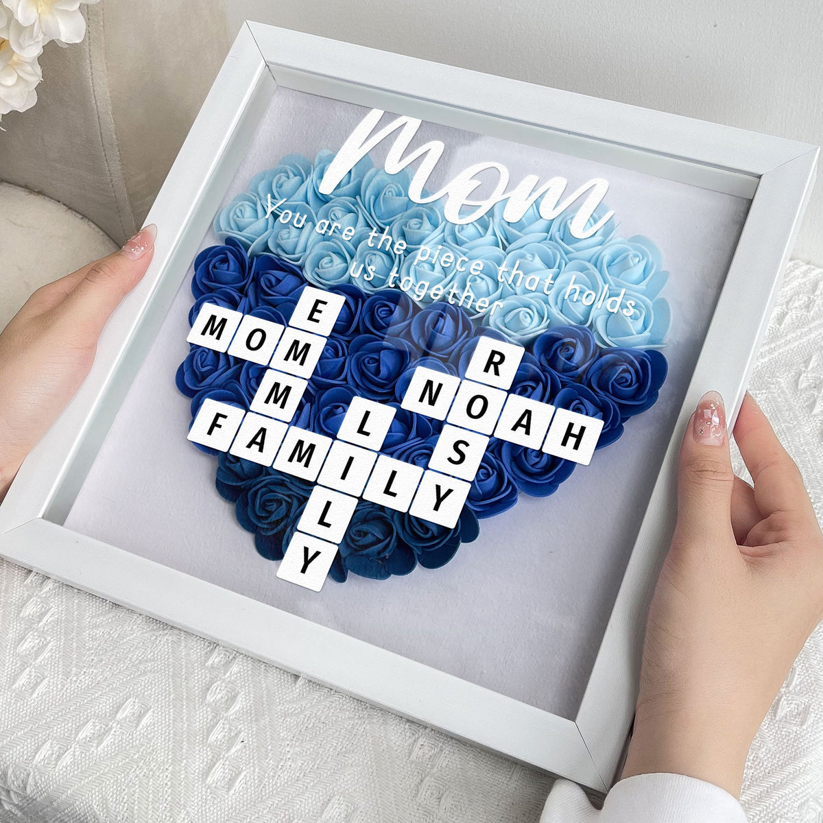 You Are The Piece That Holds Us Together - Personalized Flower Shadow Box With LED Light Mother's Day Birthday Gifts for Mom Wife from Daughter, Son, Husband and Keepsake