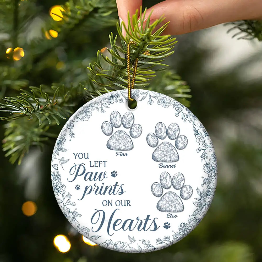 You Left Paw Prints On My Heart Memorial - Personalized Circle Ceramic Ornament