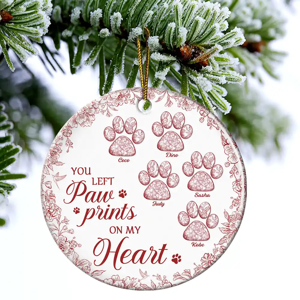 You Left Paw Prints On My Heart Memorial - Personalized Circle Ceramic Ornament