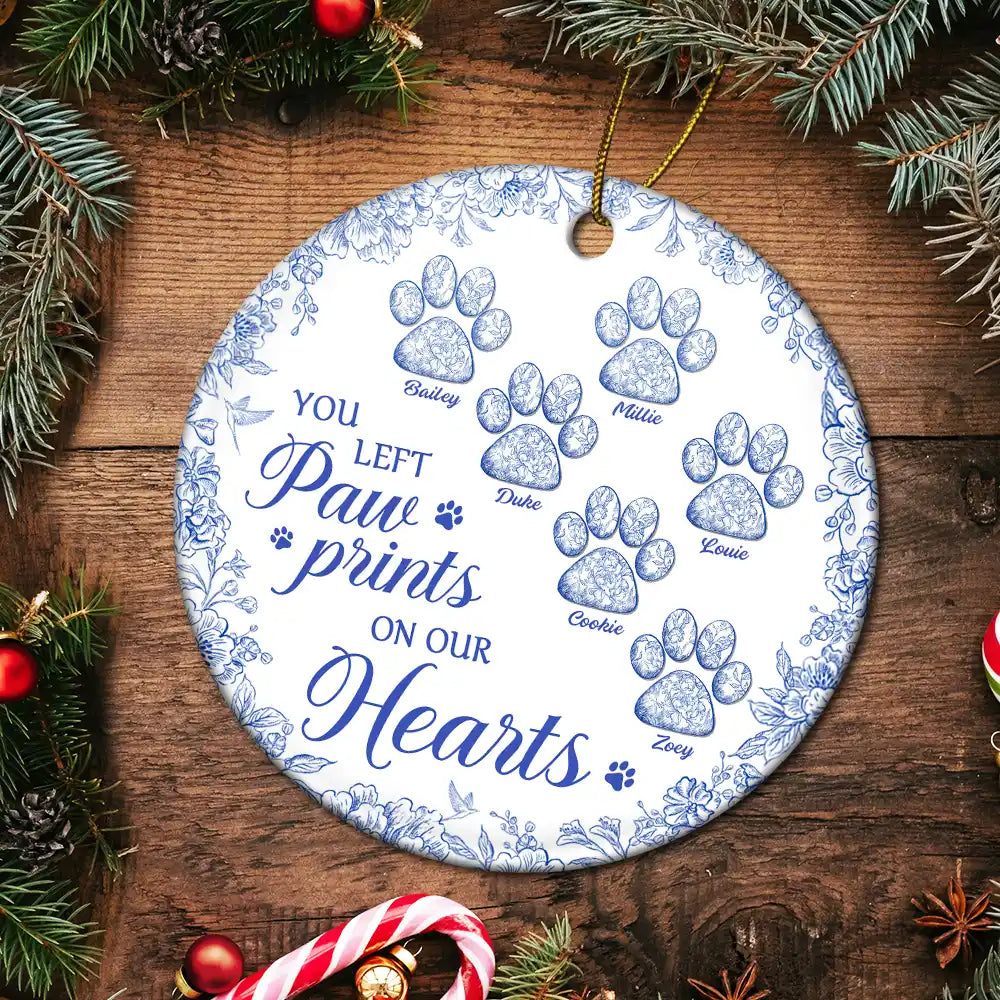 You Left Paw Prints On My Heart Memorial - Personalized Circle Ceramic Ornament