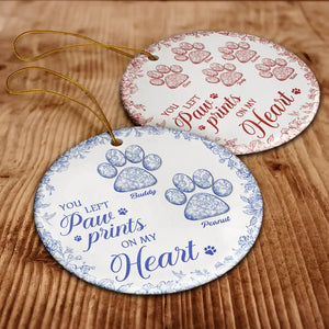 You Left Paw Prints On My Heart Memorial - Personalized Circle Ceramic Ornament