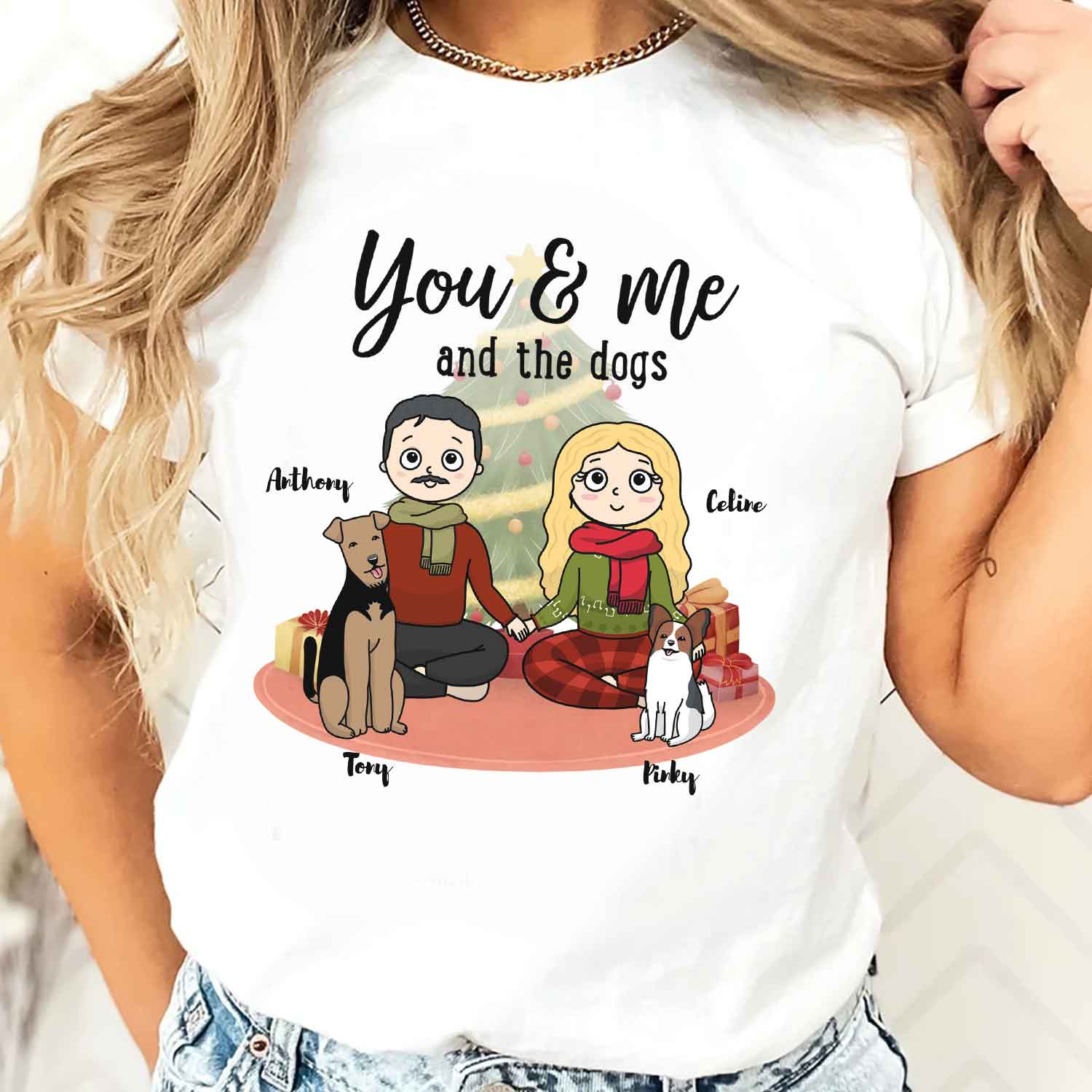 You, me & the dogs Christmas Tree Personalized T Shirt Christmas Gift For Dog Lovers Custom Dog Breed Dog Dad Dog Mom Winter Season Gift