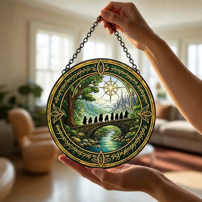 Fantasy Fellowship Stained Glass Suncatcher, Epic Adventure Window Hanging, Medieval Landscape Decor, Nature Lover Gift, Magical Forest Art a05d6c56-ee72-4917-ba0d-57e6ca78a4b8-fg-30-.webp