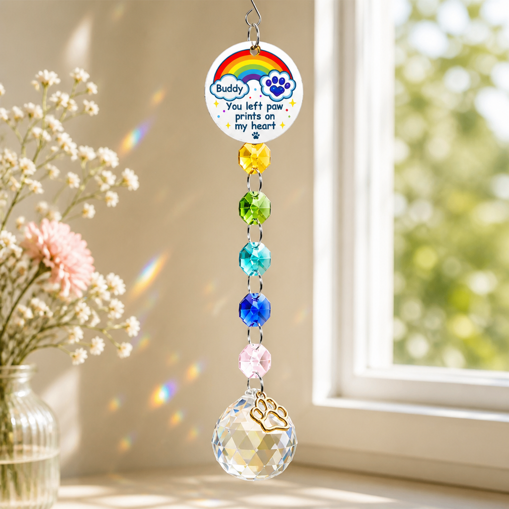 Pet Memorial Suncatcher – You Left Paw Prints On My Heart (Name Personalized) - Personalized 1 Layered Suncatcher with Charm a067b6de-48a2-4dd3-963d-e0b5ce4130d1.png