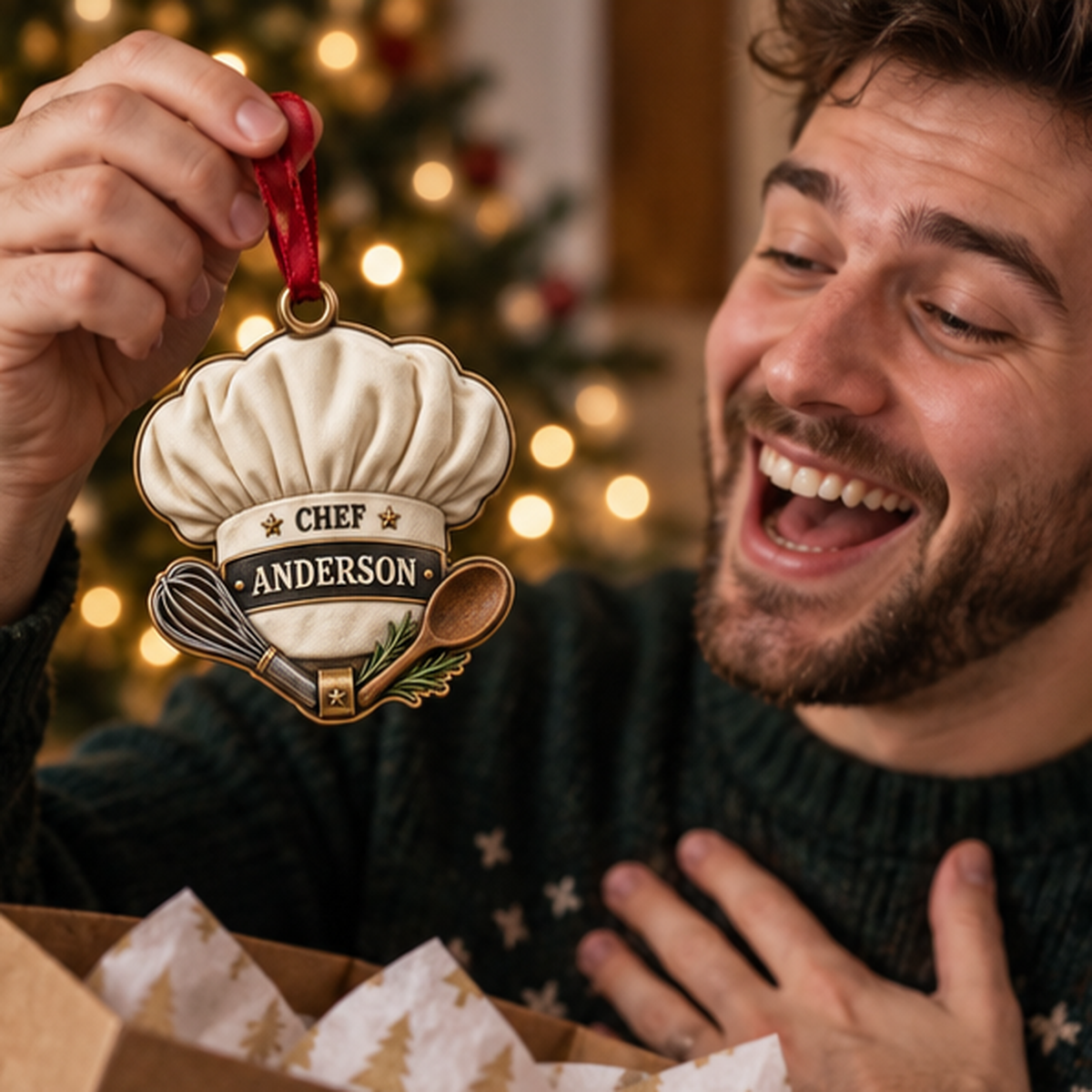 Personalized Chef Christmas Gift - Custom Name Chef Hat Toque Ornament a079e530-ff57-4e75-8daf-f0e47a905899-chef_ornament_mockup_2_happy_recipient.png
