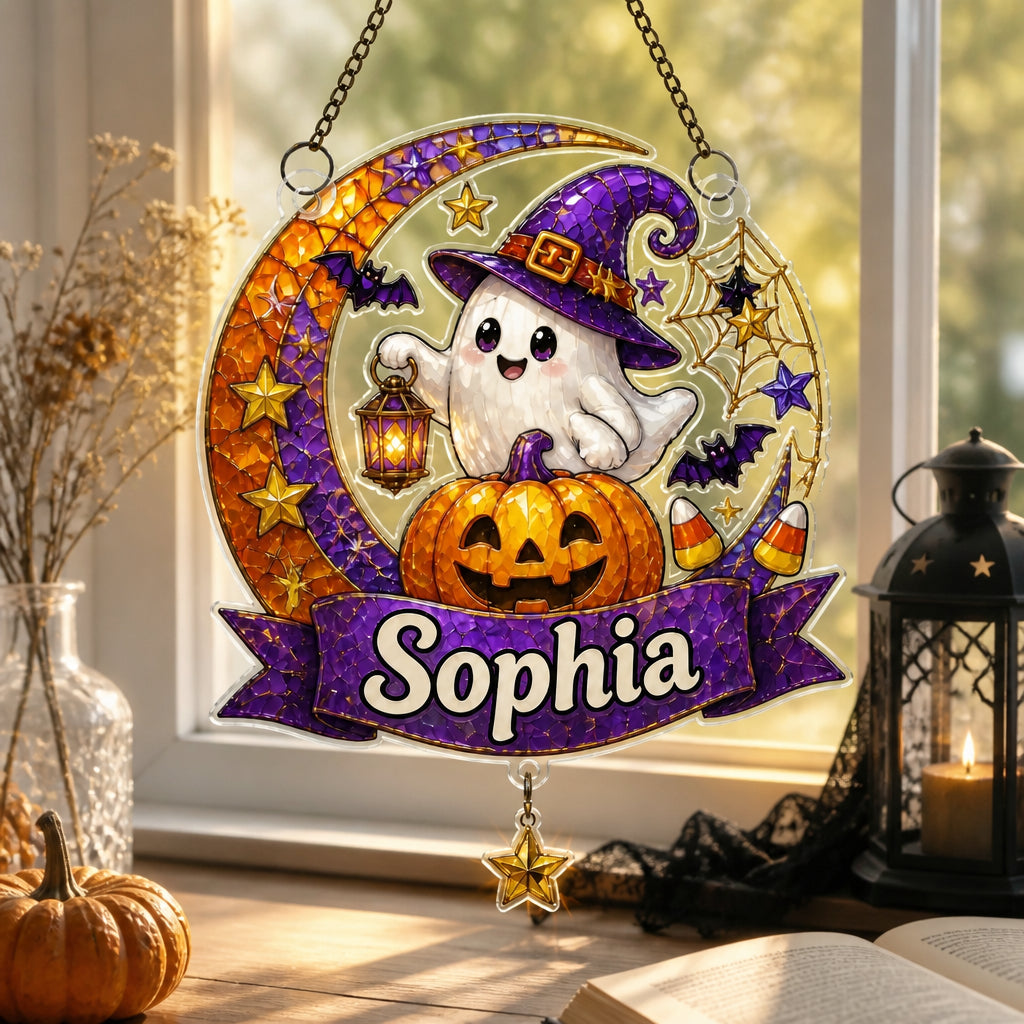 Personalized Witchy Ghost Pumpkin Suncatcher - Personalized 1 Layered Suncatcher with Charm a08a9753-b6b9-4dfb-9432-e1ea82c025b4.jpg