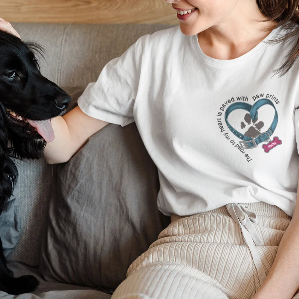 Personalised The Road to My Heart Is Paved with Paw Prints T-shirt with Name Birthday Gift for Pet Lovers