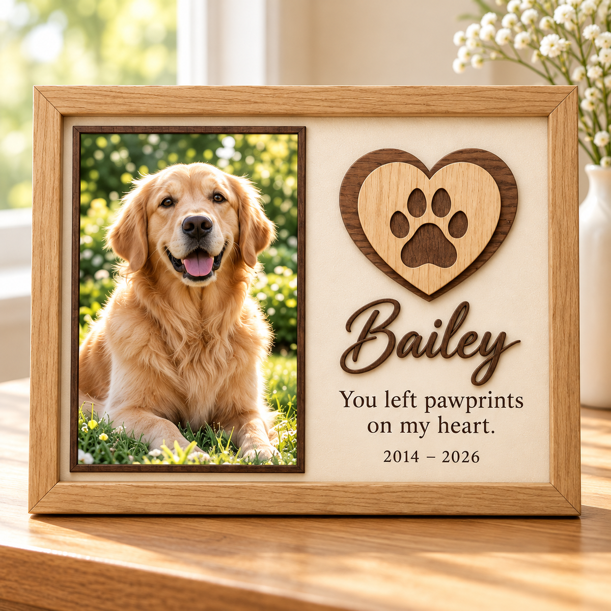 Personalized Dog Memorial Photo Frame, Custom Wooden Pet Picture Frame, Pawprints on My Heart Keepsake, Pet Loss Sympathy Gift a1046422-cc37-4153-926e-8ed08c9791d3-Bailey-Pet-Memorial-Frame-in-Sunlight-1.png