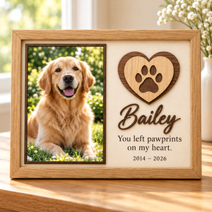 Personalized Dog Memorial Photo Frame, Custom Wooden Pet Picture Frame, Pawprints on My Heart Keepsake, Pet Loss Sympathy Gift a1046422-cc37-4153-926e-8ed08c9791d3-Bailey-Pet-Memorial-Frame-in-Sunlight-1.png