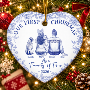 First Christmas As A Family Of Three New Parents Toile - Personalized Heart Ceramic Ornament