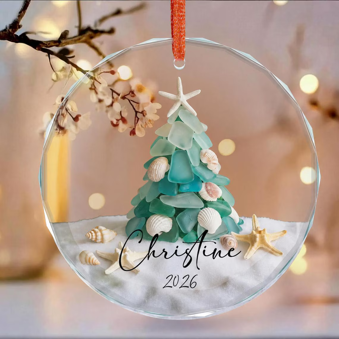 Personalized Sea Glass Christmas Tree Ornament, Beach Christmas, Ocean Lover Gift, Coastal Ornament, Christmas Tree 2D With Shells, Starfish a163f61f-455a-422c-9f12-6df61b17666a-1_converted.png