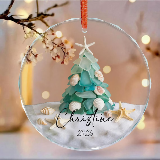 Personalized Sea Glass Christmas Tree Ornament, Beach Christmas, Ocean Lover Gift, Coastal Ornament, Christmas Tree 2D With Shells, Starfish a163f61f-455a-422c-9f12-6df61b17666a-1_converted.png