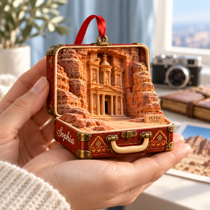 Personalized Petra Jordan 3D Suitcase Christmas Ornament, Custom Name Travel Keepsake, Petra Treasury Vacation Souvenir Gift a16d7561-7702-4c49-864b-4a5dcca6fdcb-Petra-keepsake-ornament-by-a-window-3.png