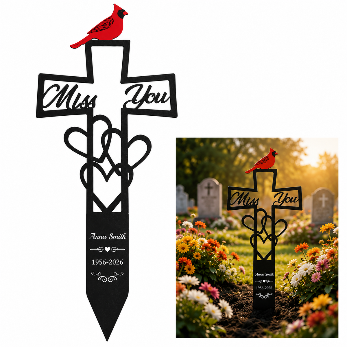 Cemetery Memorial Plaque with Cardinal & Cross Weatherproof Grave Marker with Miss You Script, Heart Accent, Outdoor Ground Stake for Garden, Cemetery Remembrance Tribute