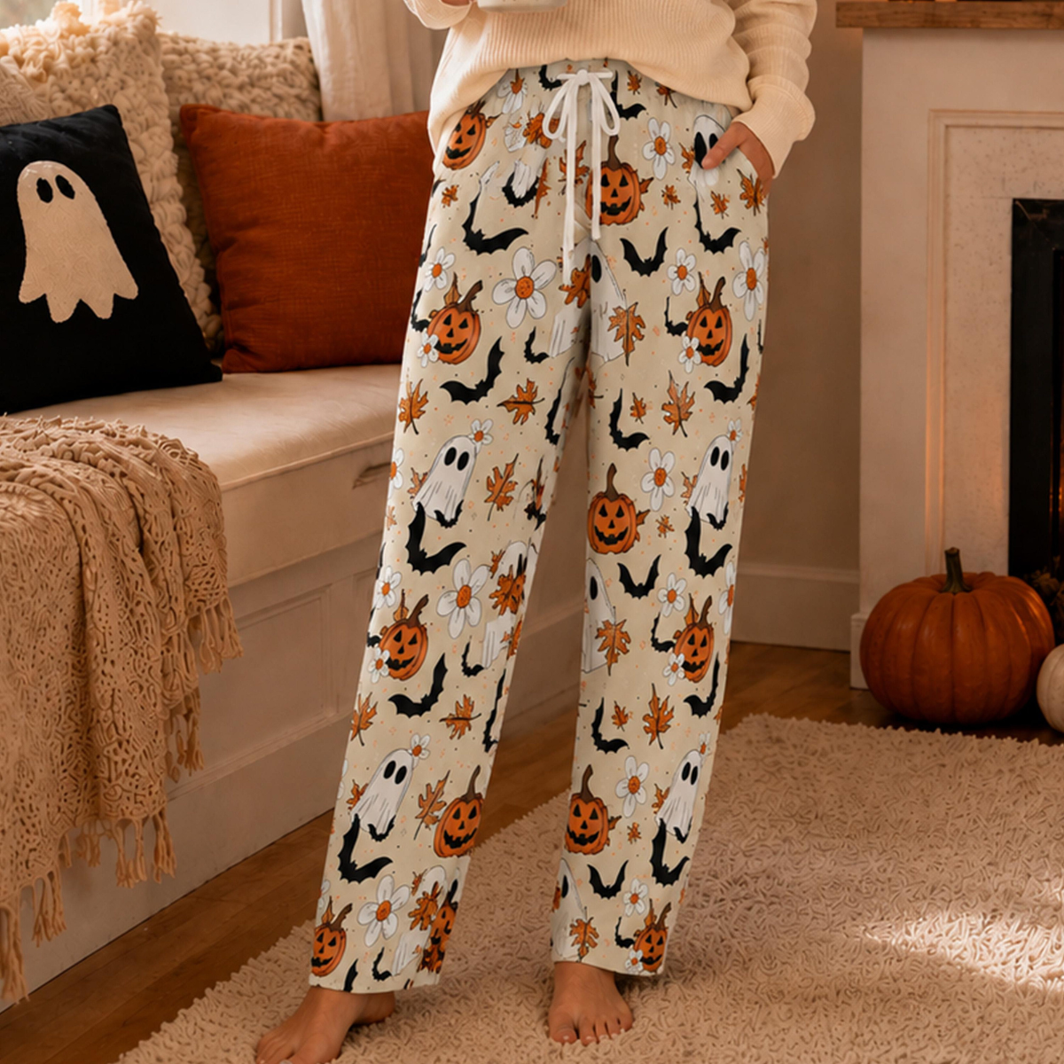 Ghost Pumpkin Halloween Pajama Pants, Women's Wide Leg Pajama Pants, Cute Spooky Lounge Pants, Fall Sleepwear, Halloween Gift for Her a1735cb3-7b9f-4534-922e-e3391fa74597-5.png