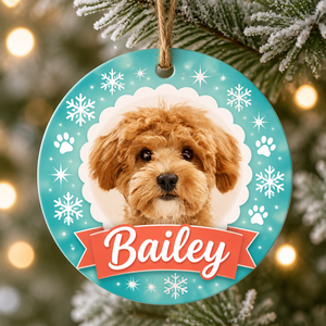 Custom Pet Photo + Name Round Ornament – Teal Snowflake Ribbon - Personalized Aluminum Ornament a1c621cd-50d9-4019-b6c7-fec03b2ff61a.png