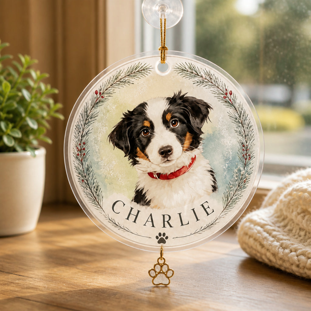 Custom Pet Watercolor Portrait Ornament with Name - Personalized 1 Layered Suncatcher with Charm a1c6b26b-739a-47f4-a52a-c8bc84b947b6.jpg