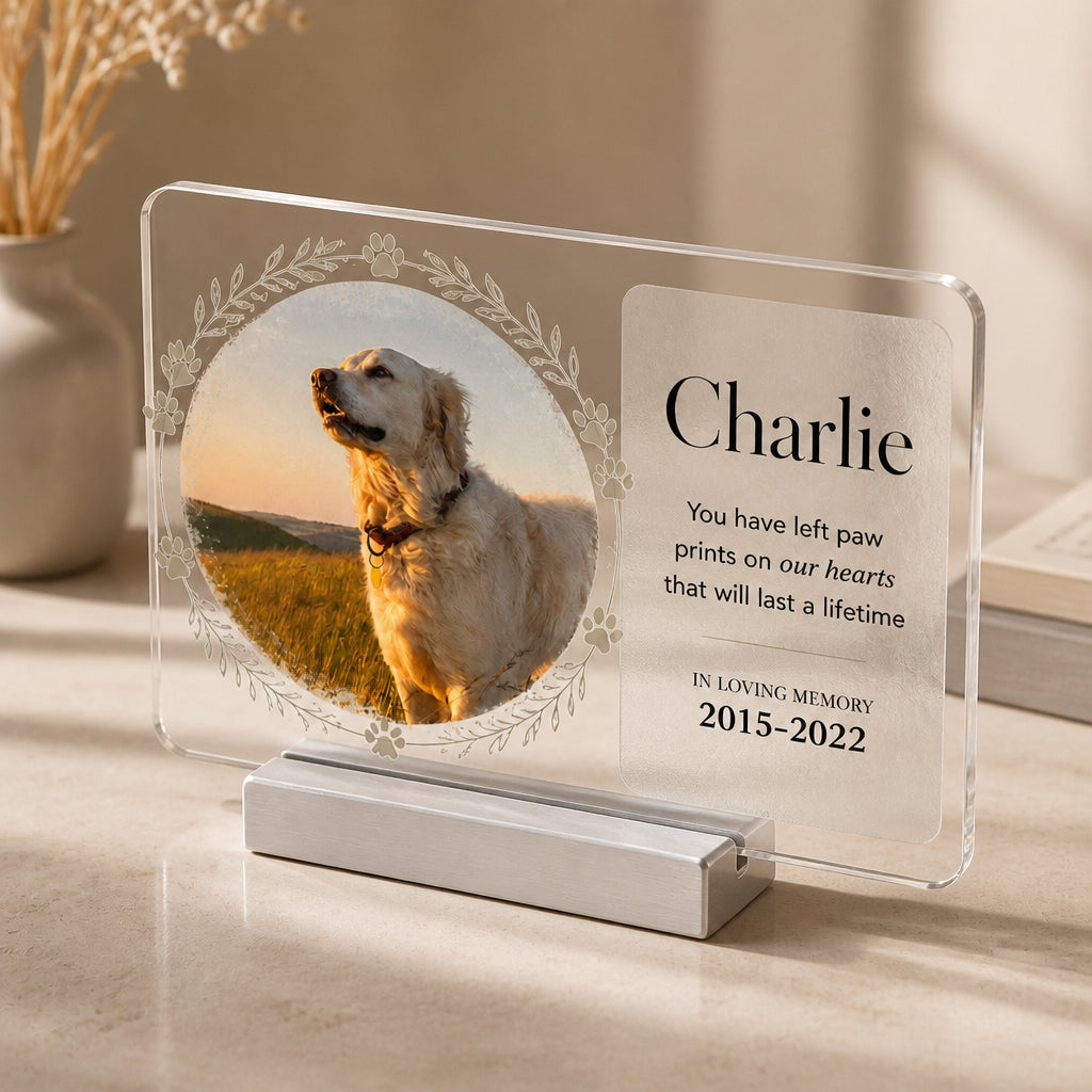 Pet Memorial Acrylic Plaque – Paw Prints On Our Hearts (Photo, Name & Years) - Personalized Acrylic Plaque a1f1562a-1655-4c47-acee-3789f81fcc9a.jpg