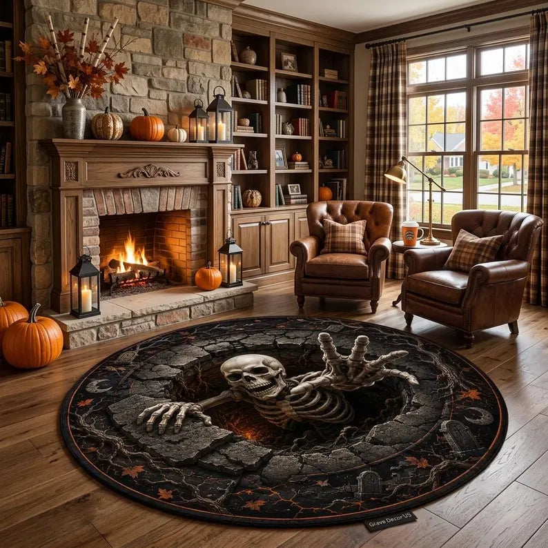 Halloween Round Quilted Rug, 3D Skeleton Illusion Rug, Spooky Graveyard Area Rug, Scary Halloween Decor, Skeleton Floor Mat, Home Decor a2410a90-f291-404a-83ea-ad4944485a78-fgf-2-.webp