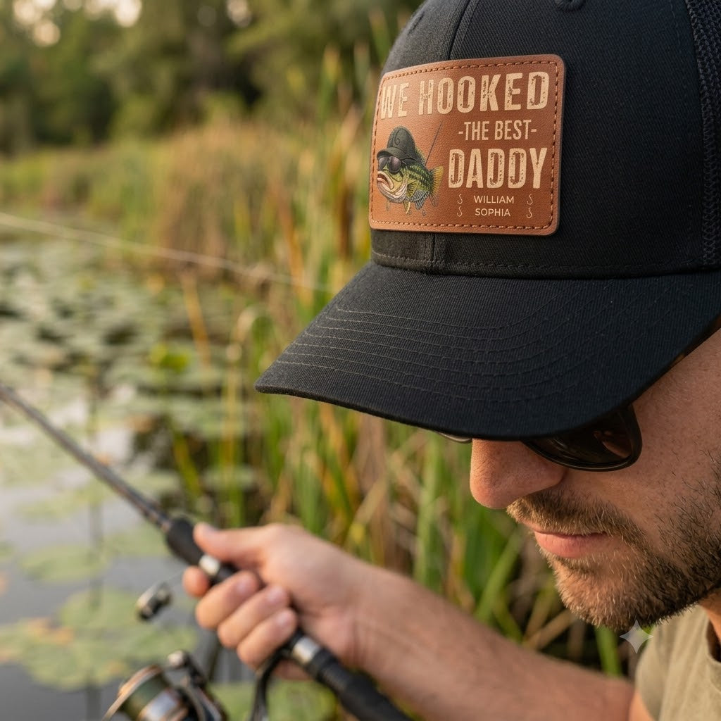 We Hooked The Best Dad Grandpa - Personalized Leather Label Net Hat