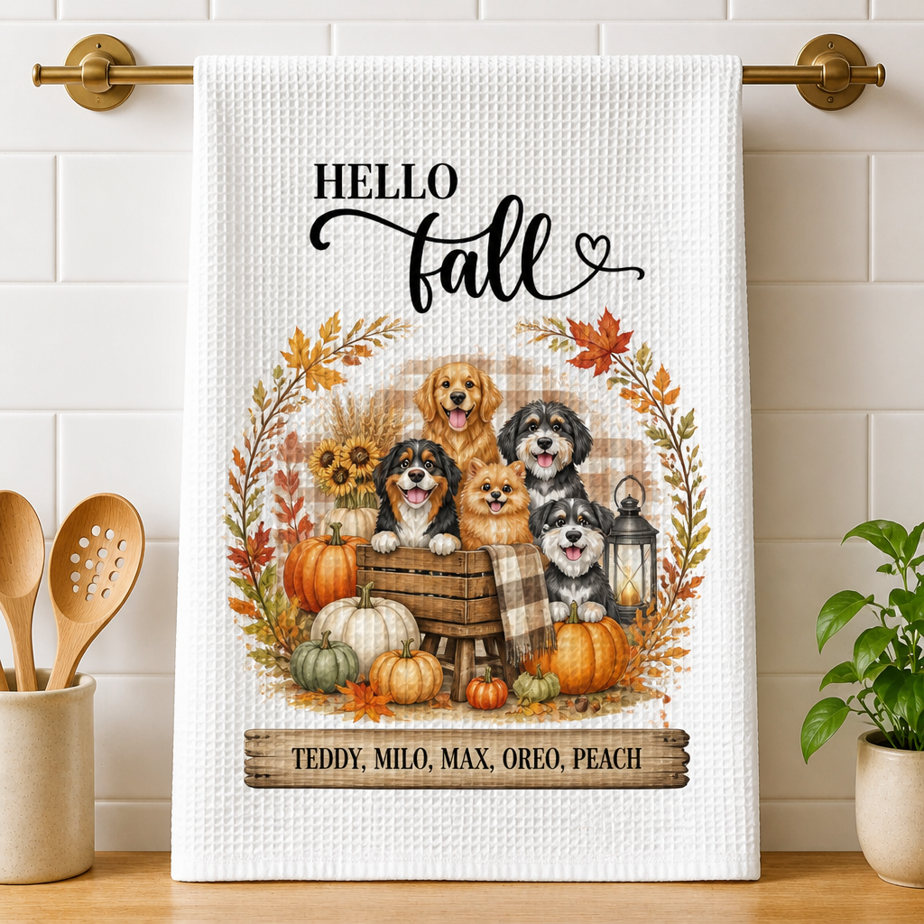 Hello Fall Farmhouse Dogs Kitchen Towel – Personalized Pet Names - Personalized Kitchen Towel a292985c-46ab-466f-92bc-7c433e10d8f5.png