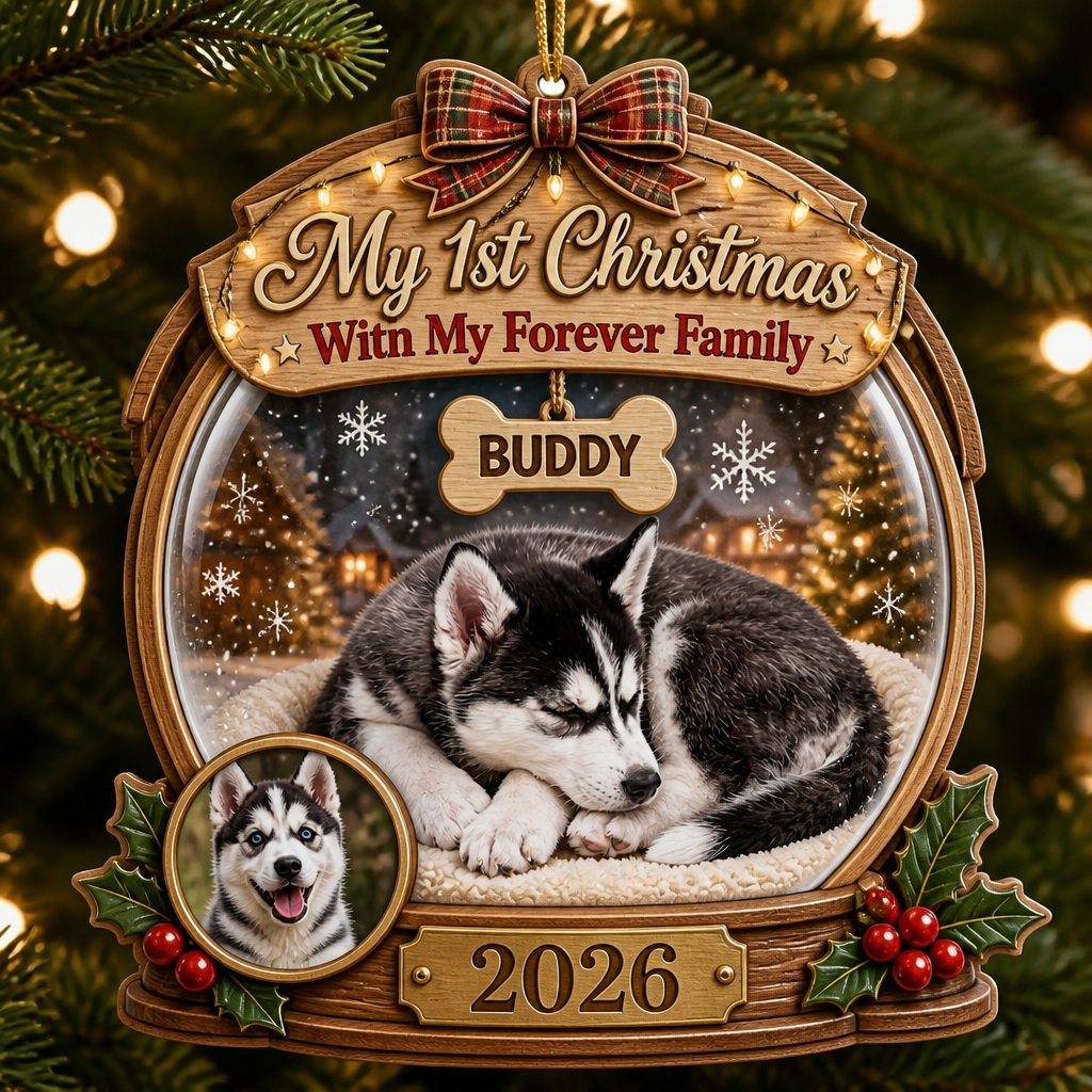 My 1st Christmas With My Forever Family — Pet Photo Snow‑Globe Wood Ornament - Personalized 3-Layered Wood Ornament a29f10b1-2e62-41c5-b7fb-2212fe5d527d.png