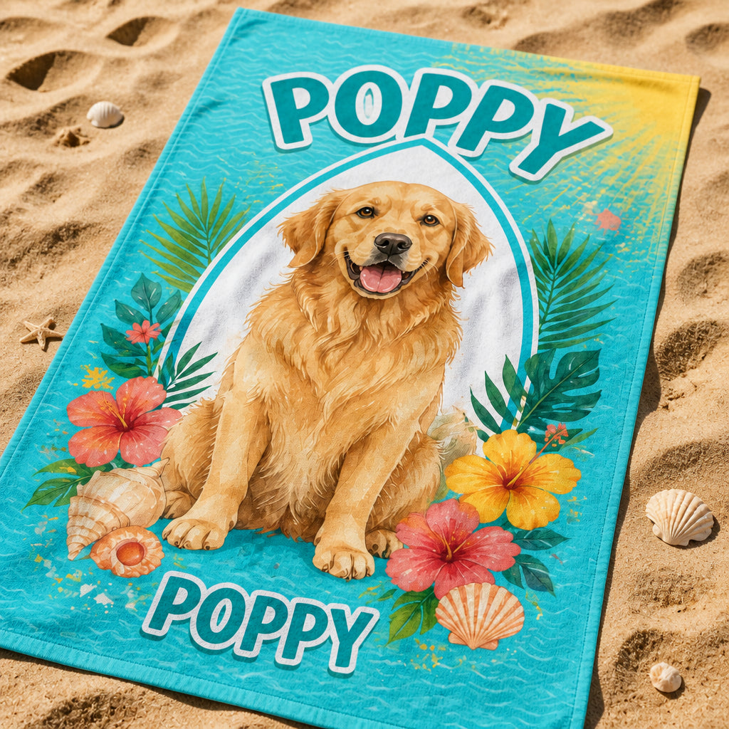 Custom Pet Portrait Beach Towel – Big Name Headline, Tropical Frame - Personalized Beach Towel a2c252ff-a764-4ceb-b67b-68de9cb0c005.jpg