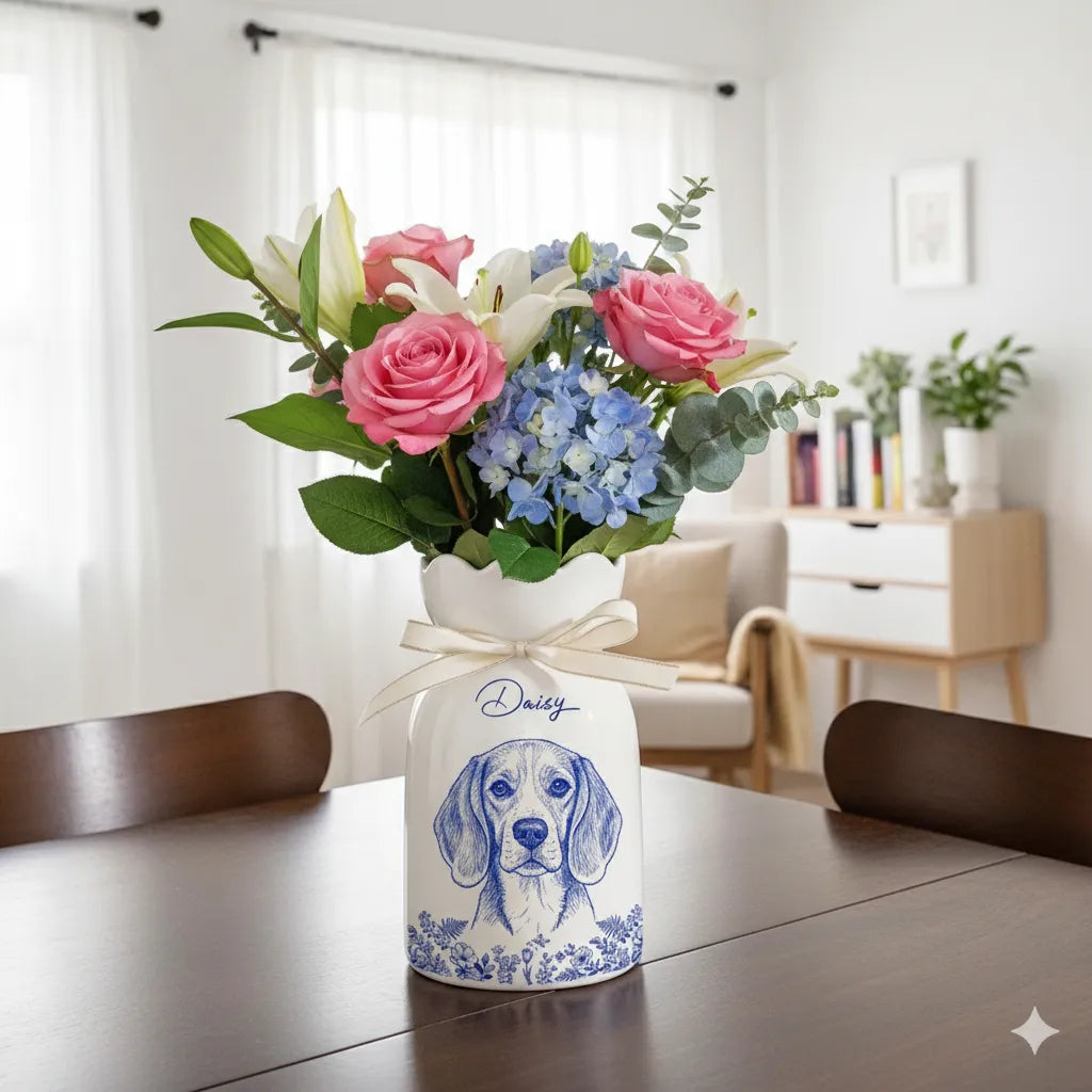 Custom Photo Pencil Sketch Art Loving Couple Family Pet - Personalized Ceramic Flower Vase