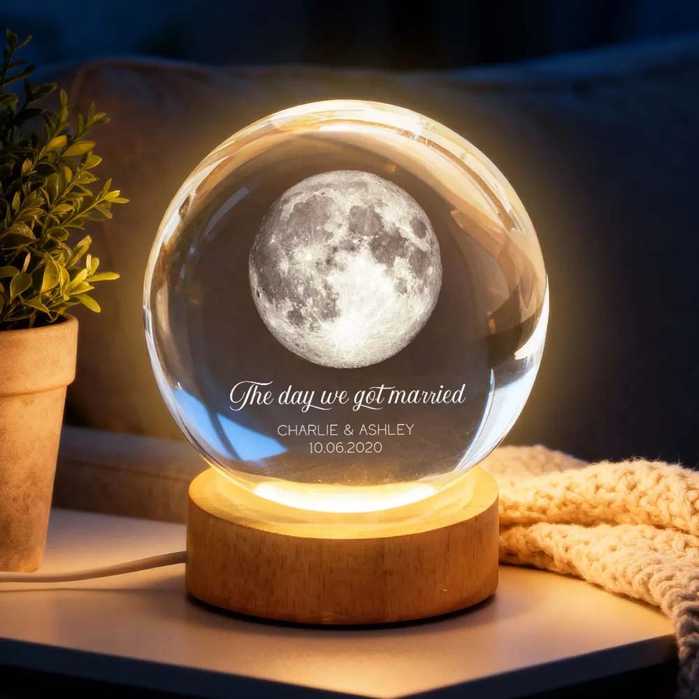 Our Moon Couple Anniversary Date - Personalized Crystal Ball LED Night Light - Sentimental Valentine's Day Gift for Her, for Him