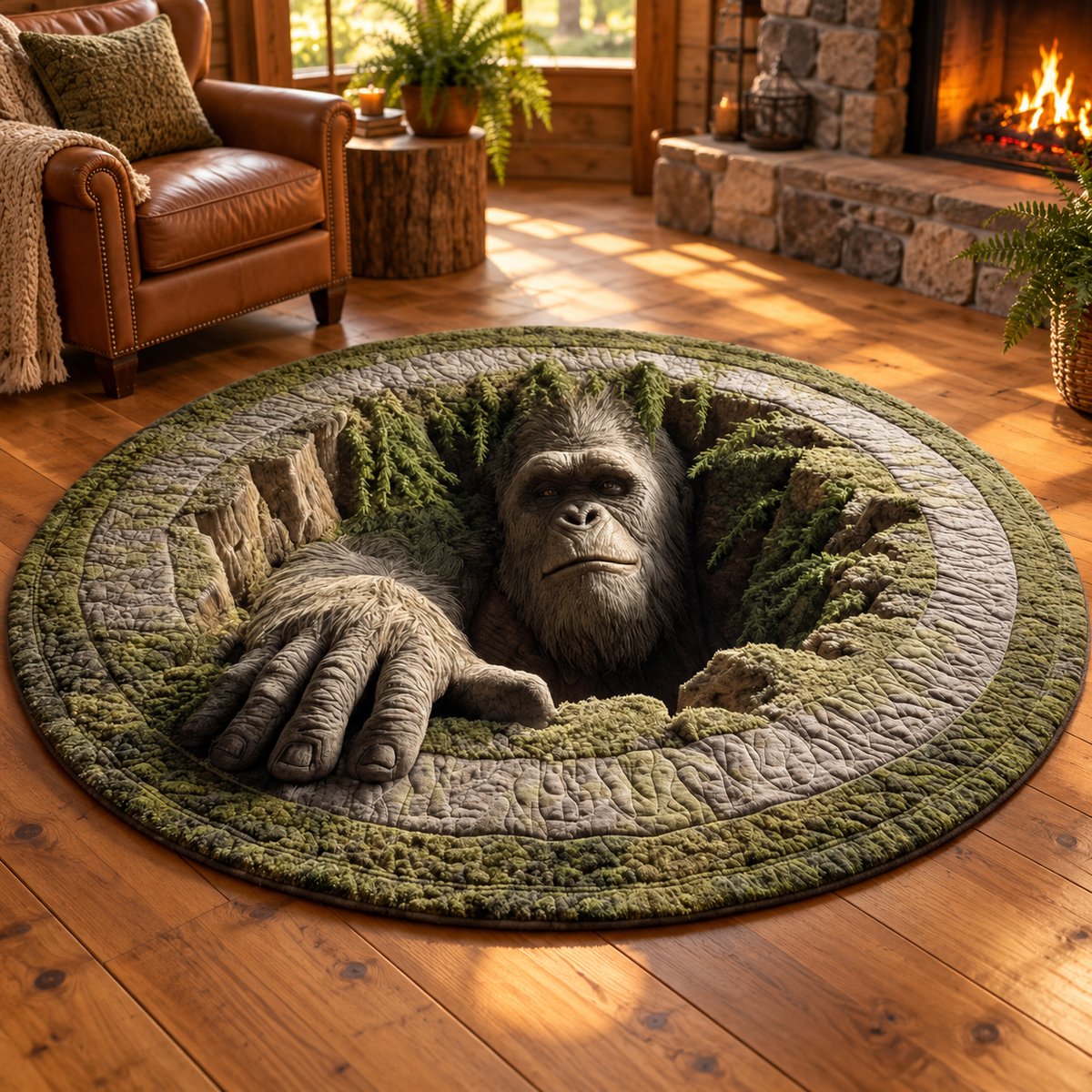 Bigfoot Round Mat, Sasquatch 3D Illusion Rug, Forest Creature Floor Mat, Rustic Cabin Decor, Cryptid Rug, Bigfoot Lover Gift a3dfd428-573b-4d3d-a6f4-facdbe23cbcb-Th-m-o-gi-c-kh-t-trong-cabin-1.png