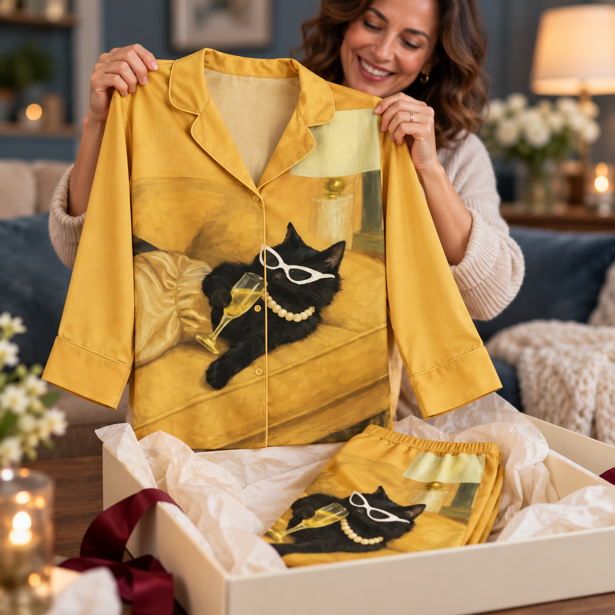 Cat Print Satin Pajama Set, Women's Sleepwear Lounge Pajamas, Gift For Hers a4596caa-770a-44df-9f2f-fc01987971cf-M-qu-pyjama-v-ng-h-a-ti-t-m-o-5.png