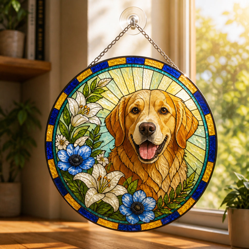 Custom Pet Stained-Glass Round Suncatcher – Floral Portrait - Personalized Suncatcher Stained Glass a45a39d9-147d-462c-b09b-647fddf67d36.jpg