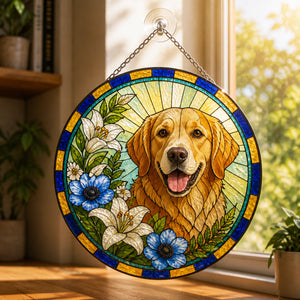 Custom Pet Stained-Glass Round Suncatcher – Floral Portrait - Personalized Suncatcher Stained Glass a45a39d9-147d-462c-b09b-647fddf67d36.jpg