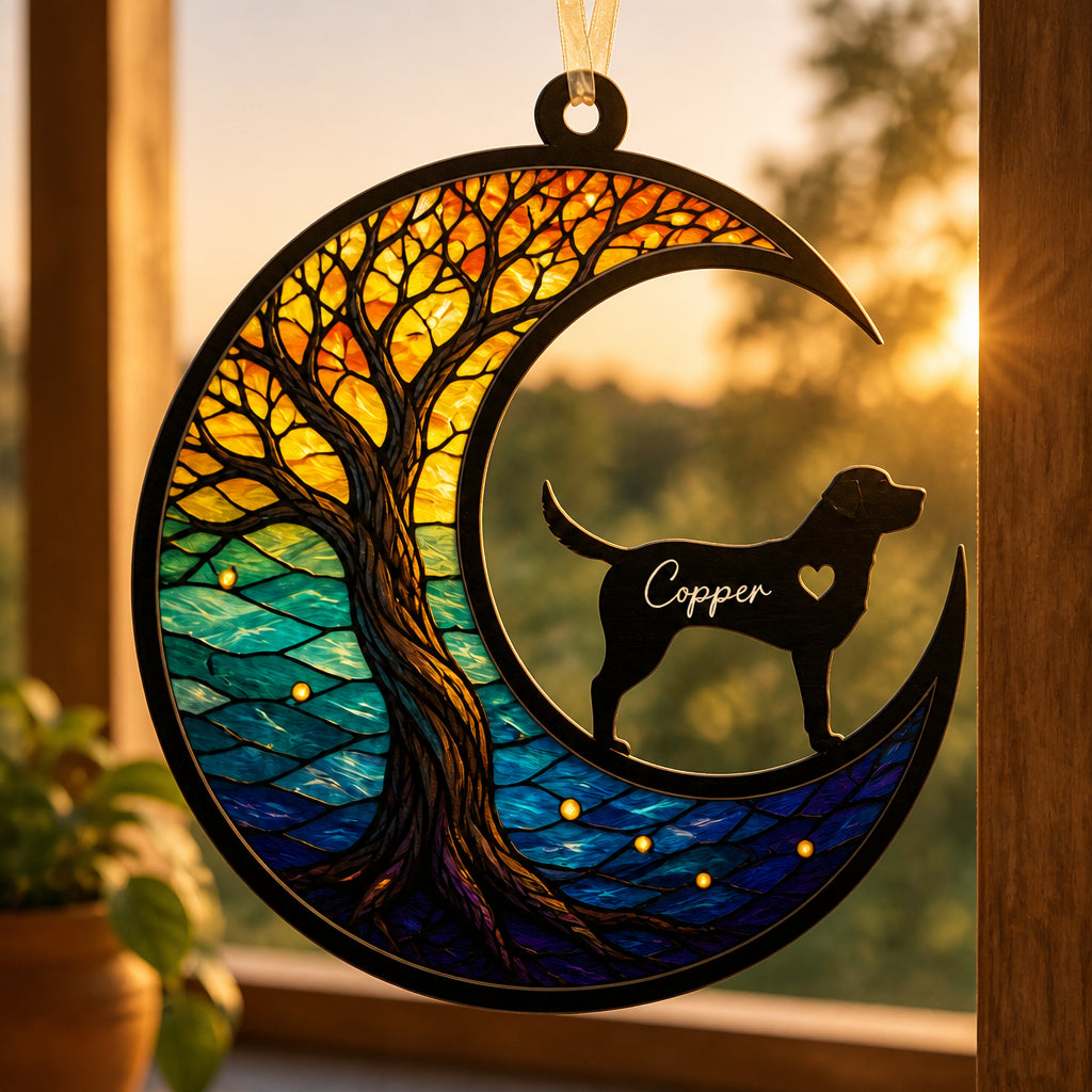 Crescent Moon Dog Stained-Glass Suncatcher – Personalized Pet Name - Personalized Suncatcher Stained Glass a45b195f-e5fe-47c0-8db4-18d3a03a2399.jpg