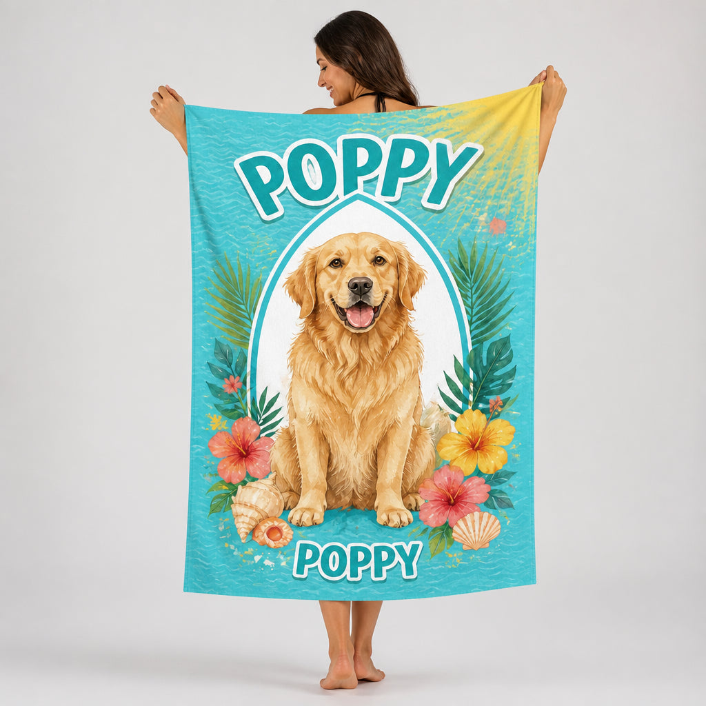 Custom Pet Portrait Beach Towel – Big Name Headline, Tropical Frame - Personalized Beach Towel a4774b2f-ddf6-4bcb-a490-d6d17f828ae7.jpg
