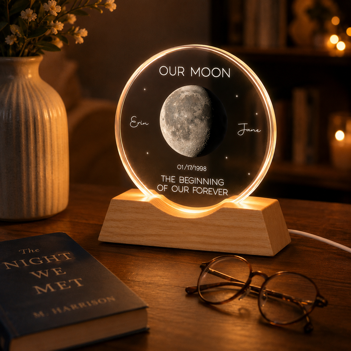 Our Moon Special Date, Custom Moon Phase by Date - Personalized Crystal Wave Night Light - Heartfelt Anniversary Gift for her, for him