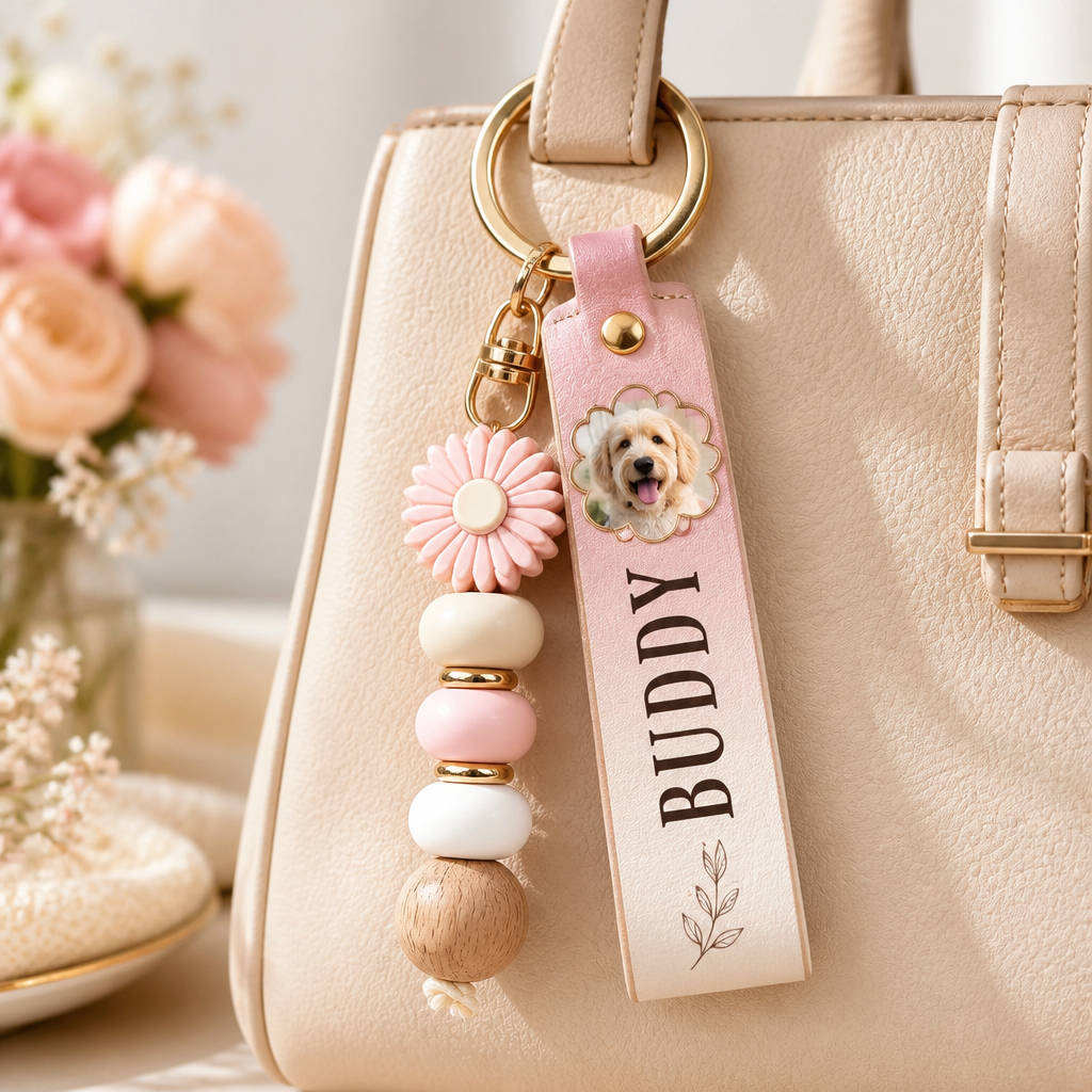 Pet Photo & Name Leather Keychain with Daisy Bead - Personalized PU Leather Keychain Daisy Bead Pendant a4e4765b-923d-49b2-9da6-84b4c25a7512.png