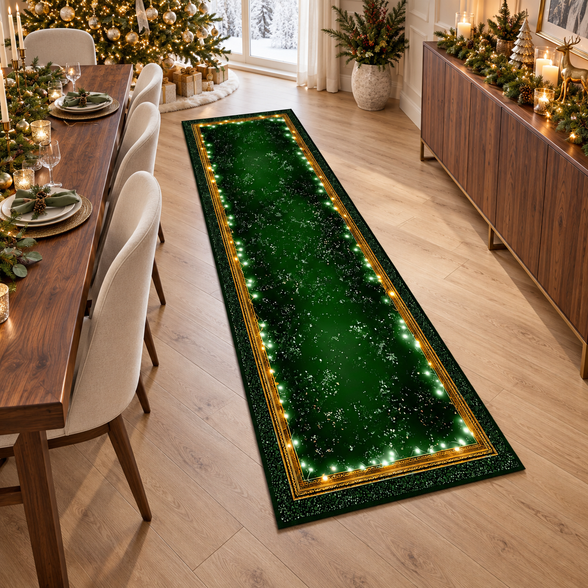 Green Christmas Runner Rug with Gold Trim, Festive Hallway Carpet, Holiday Entryway Runner, Decorative Winter Home Floor Mat a57ce48e-084e-4afd-b4cf-b4c682617898-banner-1.png