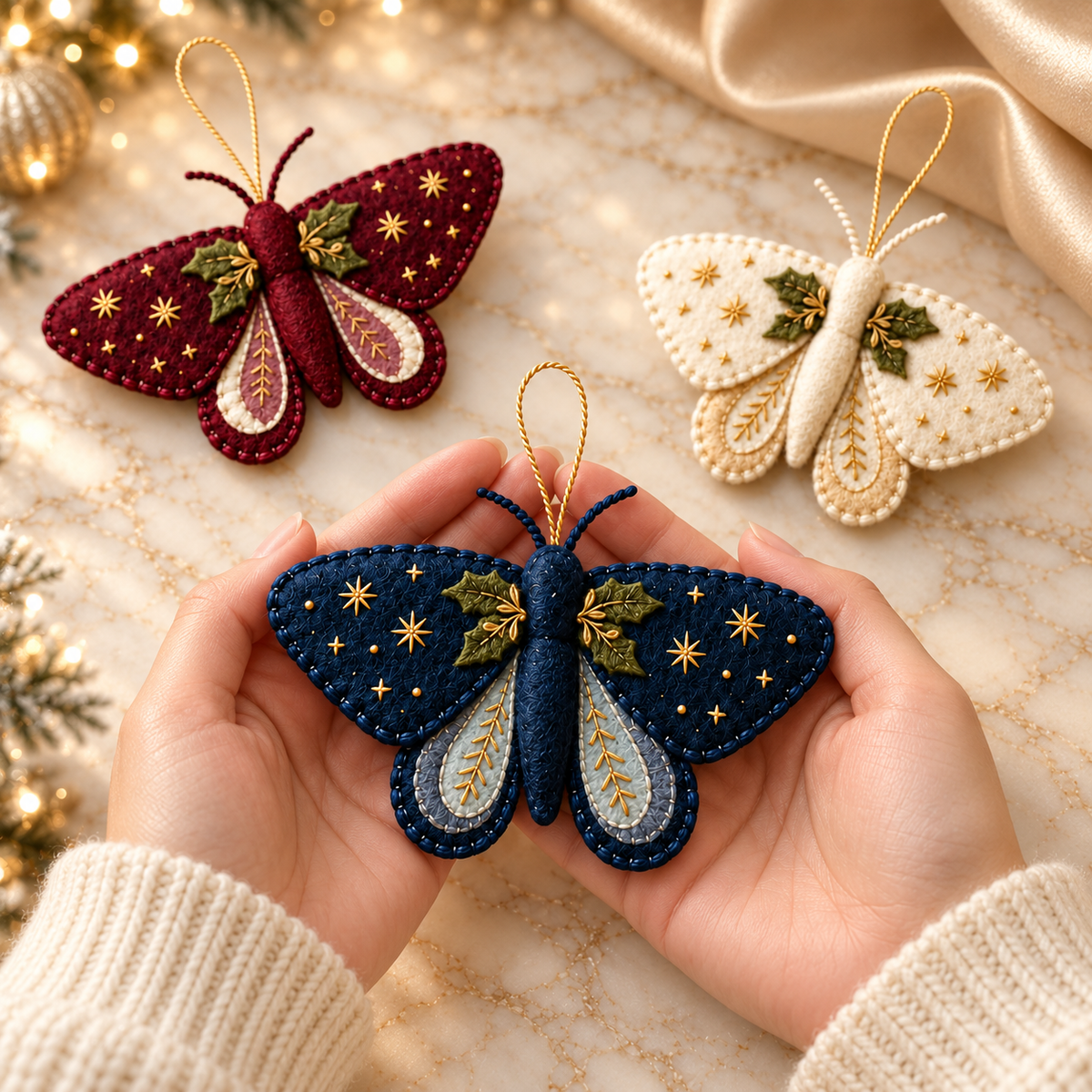 Christmas Moth Custom Shape Felt Ornament, Celestial Star & Holly Christmas Tree Decor, Woodland Holiday Gift for Moth Lovers a58cb357-c360-4510-8e6b-bf64dc466591-B-m-m-xanh-navy-trong-i-tay.png