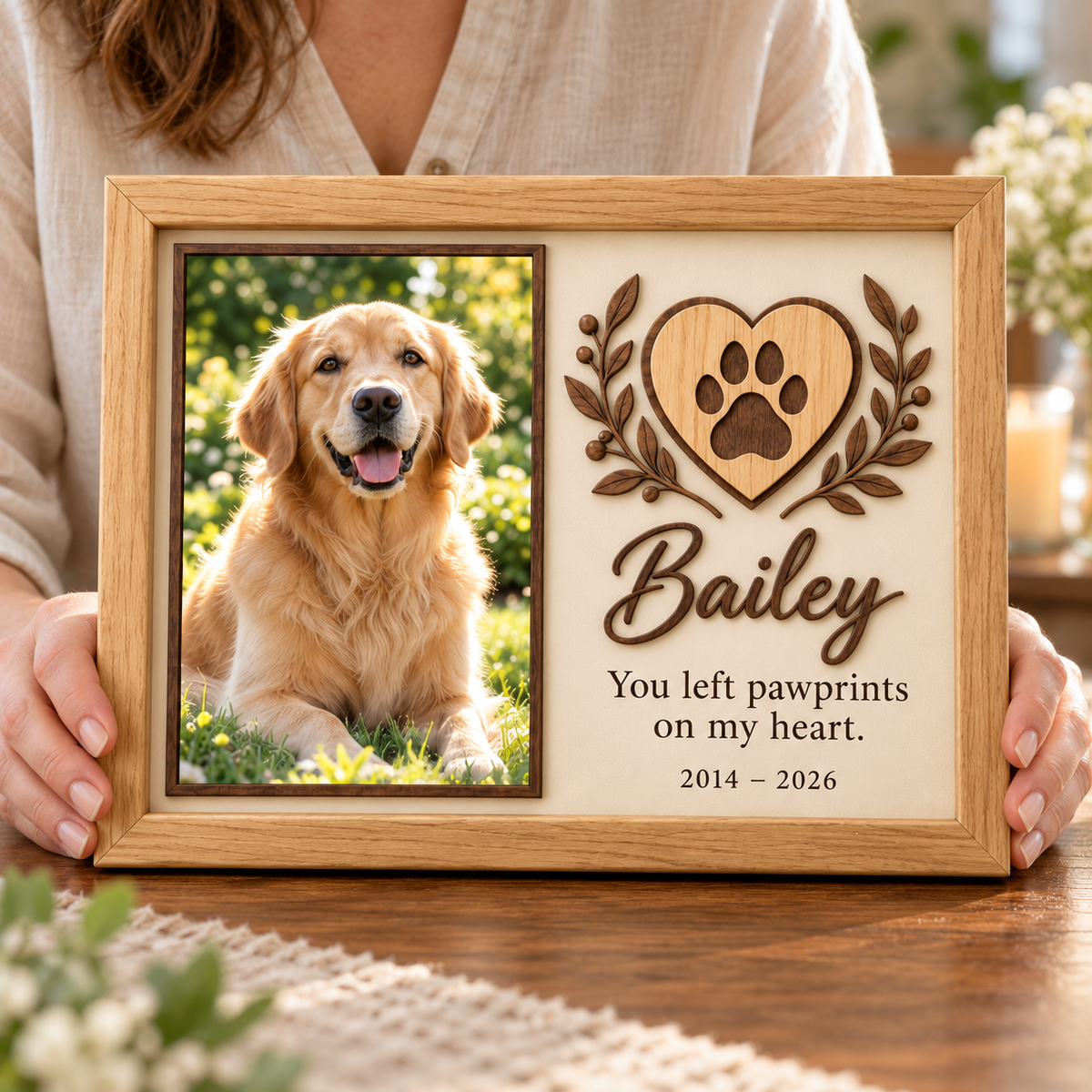 Personalized Dog Memorial Photo Frame, Custom Wooden Pet Picture Frame, Pawprints on My Heart Keepsake, Pet Loss Sympathy Gift a61870f0-954b-4820-9c67-3e22aaa49eae-Bailey-Botanical-Heart-Oak-Memorial-Frame-2.png