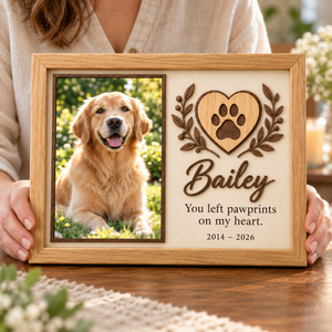 Personalized Dog Memorial Photo Frame, Custom Wooden Pet Picture Frame, Pawprints on My Heart Keepsake, Pet Loss Sympathy Gift a61870f0-954b-4820-9c67-3e22aaa49eae-Bailey-Botanical-Heart-Oak-Memorial-Frame-2.png