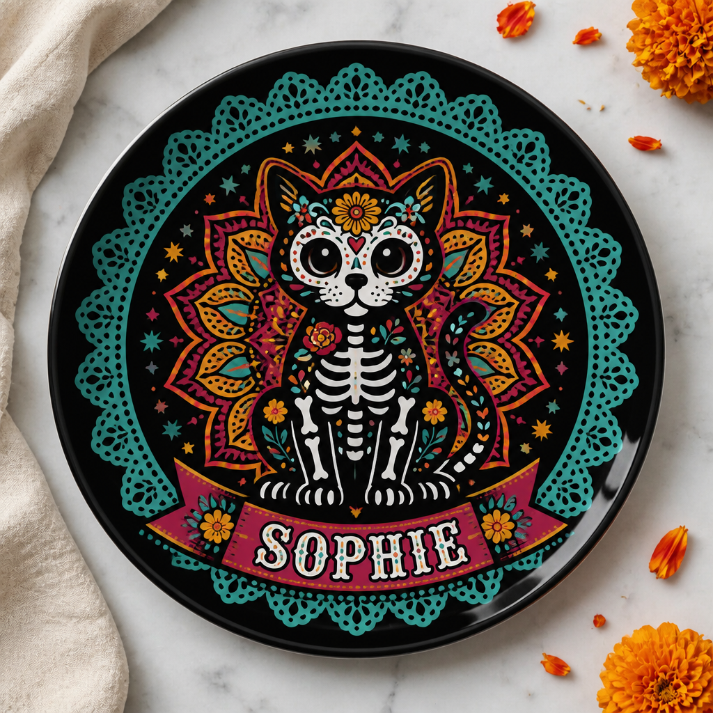 Sugar Skull Cat Name Ceramic Plate - Personalized Personalized Ceramic Plate a69a9a8b-d118-4da9-bf02-c5db37303df8.png