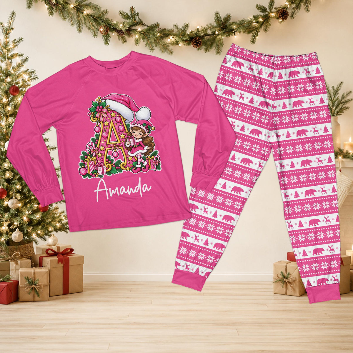 Personalized Pink Christmas Pajamas Set, Custom Name Monogram Elf PJs, Pink Fair Isle Bear Matching Family Xmas Sleepwear Lounge Present a6ca5b4b-1559-4600-99f6-0e11aeed8658-il_fullxfull.8575074078_7en4.jpg