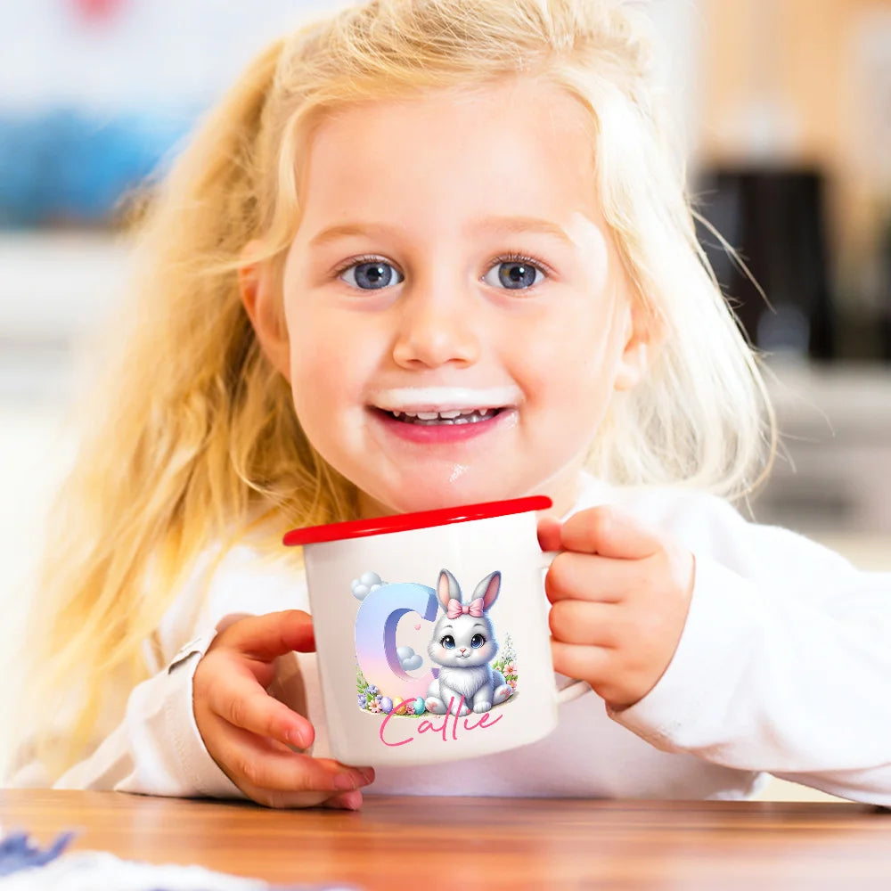 Personalised Cute Easter Bunny Gradient Initial Enamel Mug with Name Party Favor Easter Gift for Kids