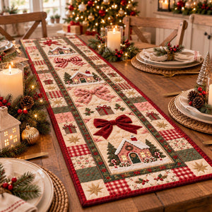Christmas Quilt-Style Table Runner, Gingerbread House, Red Bow Holiday Decor a77812e2-07b0-4818-90cd-386fdd619bd7-2.jpg