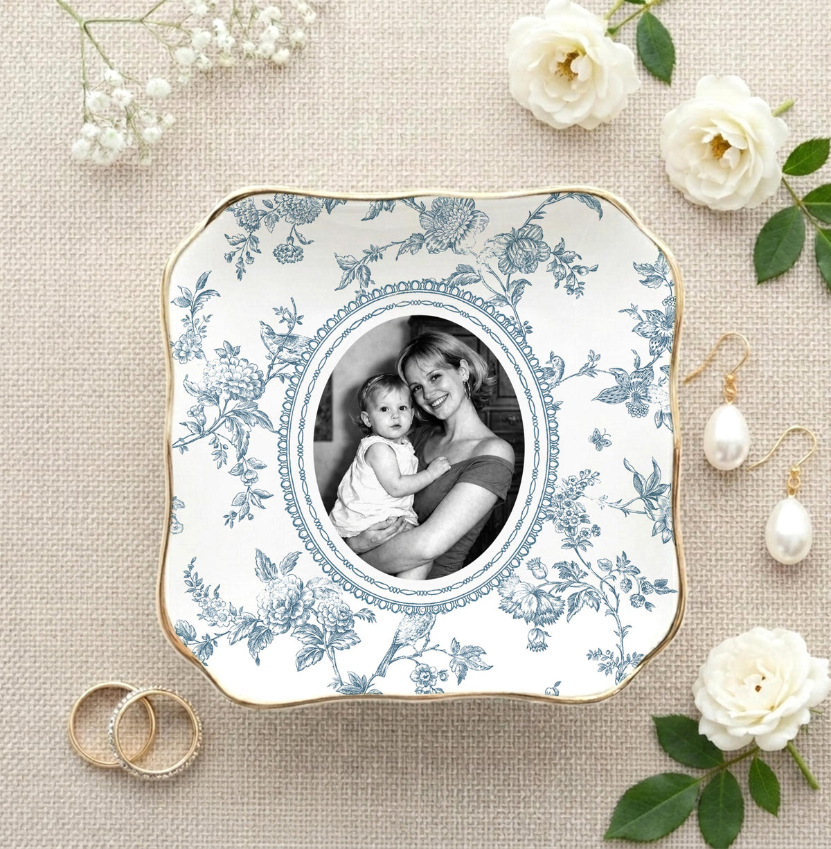 Mother of the Bride Gift, Toile De Jouy Trinket Tray, Custom Mother Photo Ring Dish, Mother of the Bride Wedding Day Gift from Daughter a7b6c03f-4d92-492d-9c52-05244ac21938-4.jpg